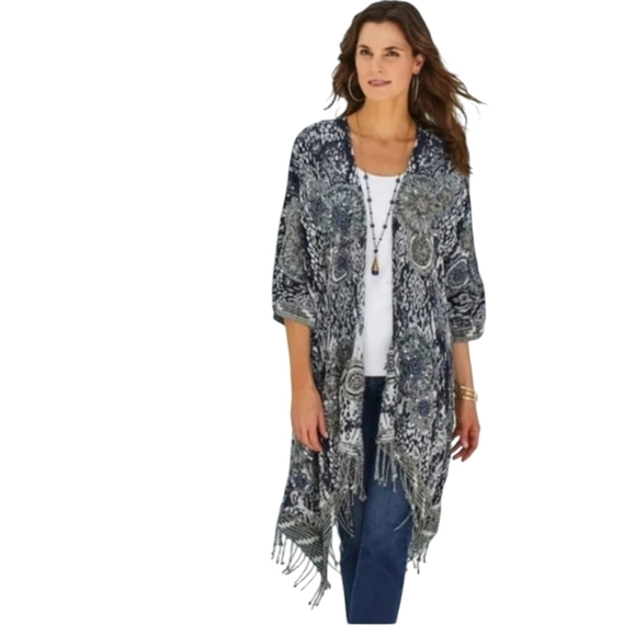 Soft Surrounding Emory Cardi Fringe Sequin Kimono Bohemian. Short sleeve Beaded - Picture 1 of 14